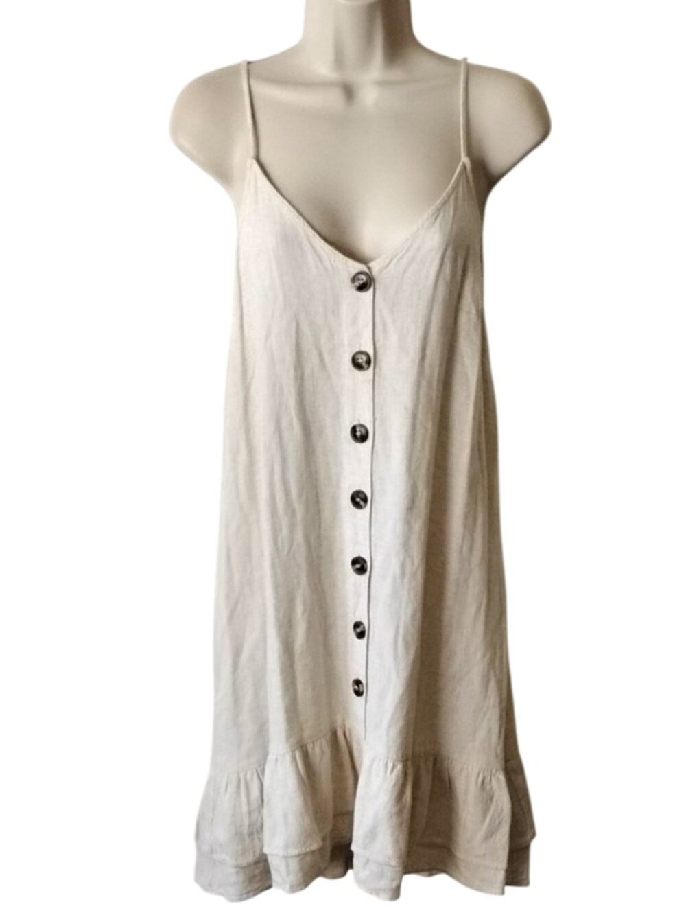 Blue Rain Linen Blend Button Front Ruffled Mini Dress M Sand Oatmeal Heather